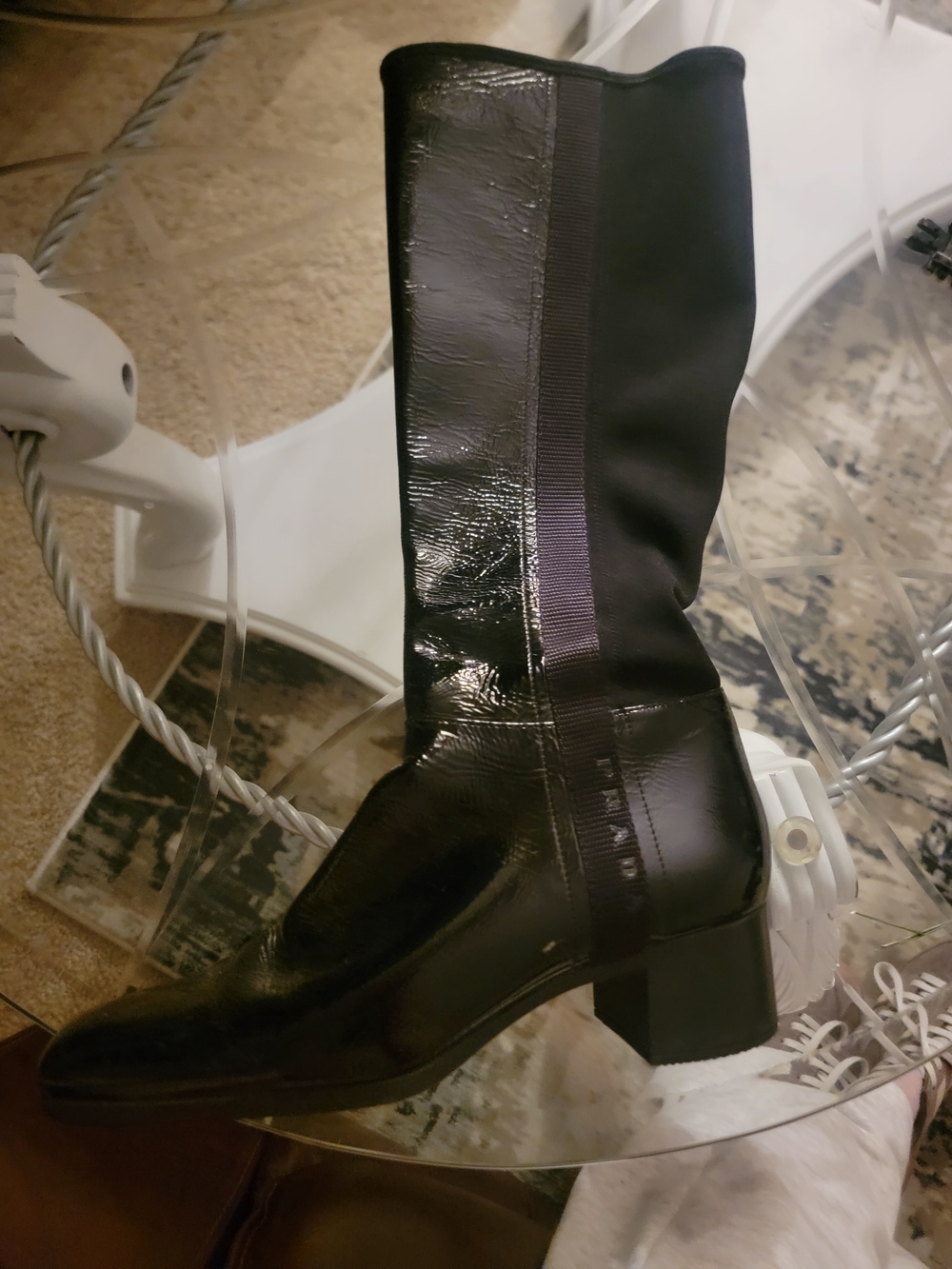 Prada Black Patent Leather Mid-Calf Heeled Boots